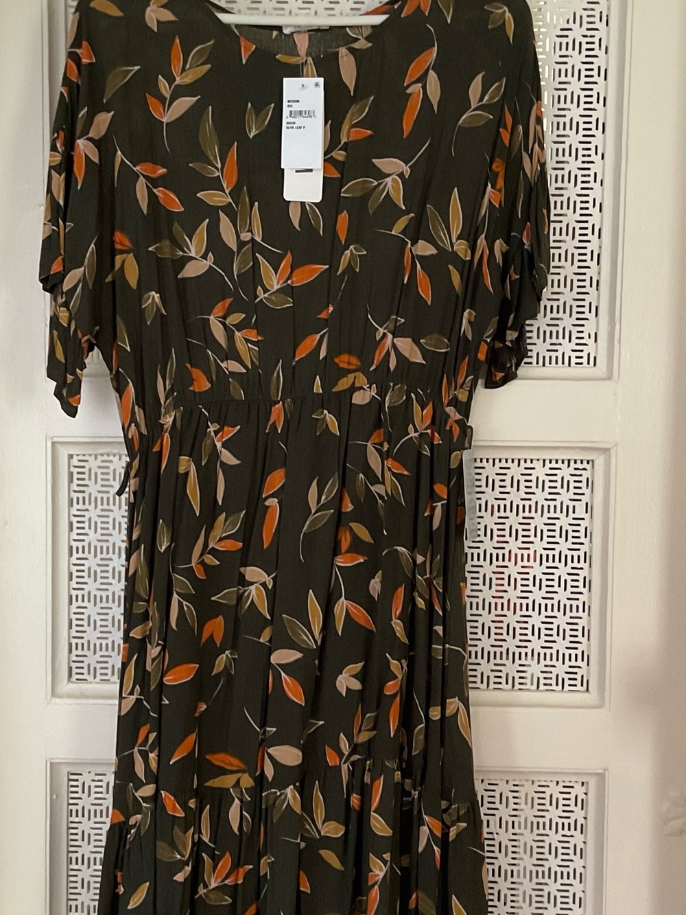 Mini Dress in Olive Green with Autumn Leaf Print